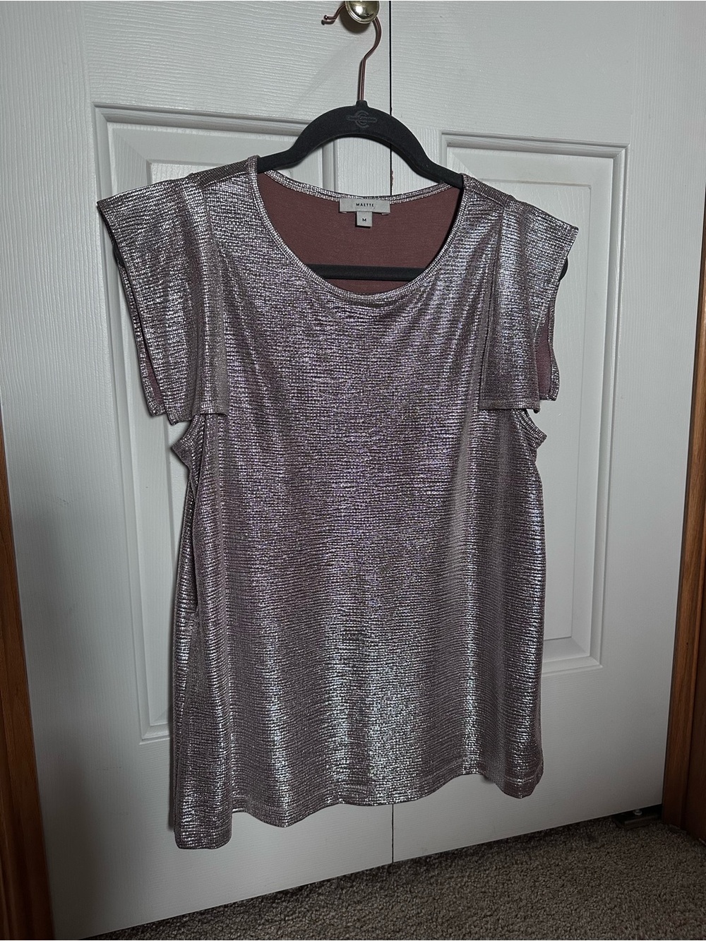 Maette Silver Metallic Flutter-Sleeve Blouse